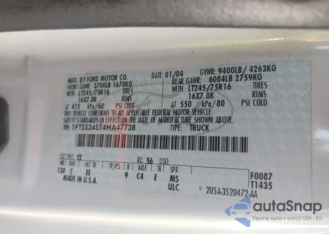 2004 Ford E-350 Super Duty Commercial/Recreational z USA, uszkodzony, nr VIN 1FTSS34S14HA47738